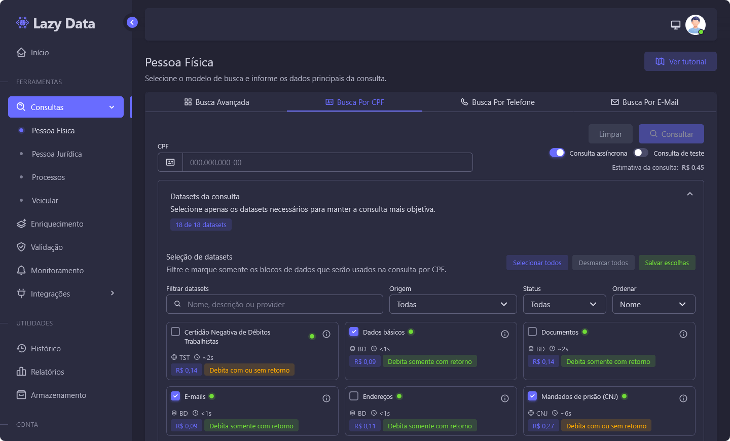 Painel da plataforma Lazy Data